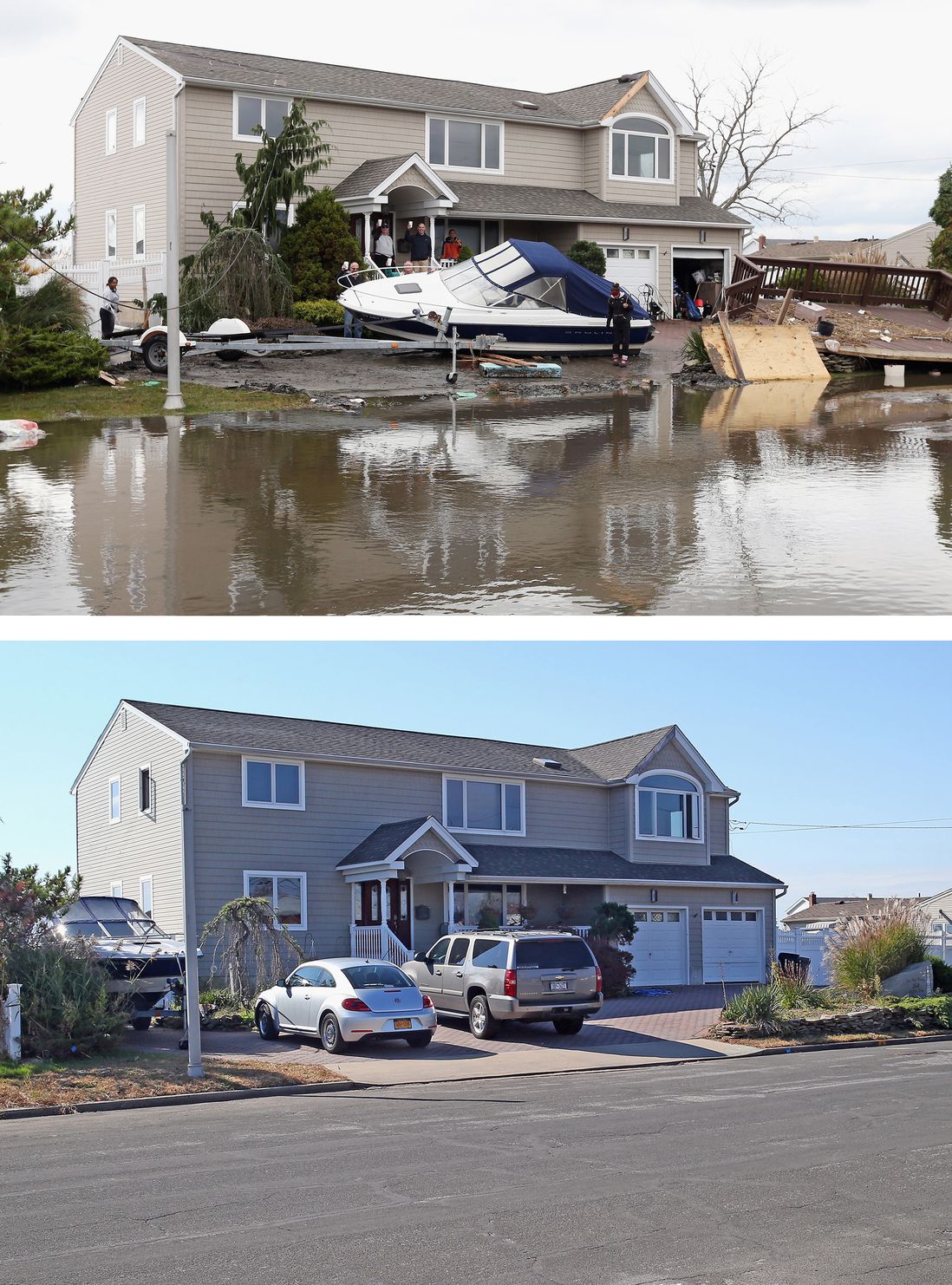 [Top] Residents of West Lido Boulevard take a break during cleanup operations following Hurricane Sandy on October 31, 2012 in Lindenhurst, New York. [Bottom] Cars sit parked in a driveway of a home on West Lido Boulevard October 22, 2013 in Lindenhurst, New York.